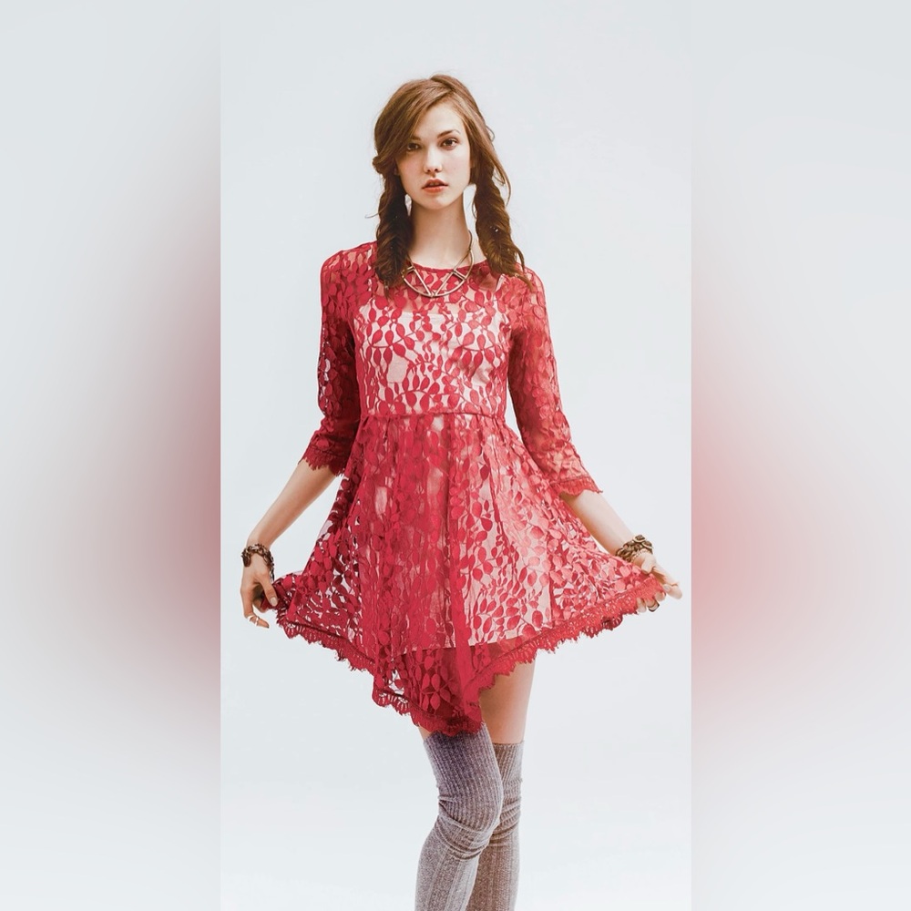 Free People Red Lace Mesh Dress